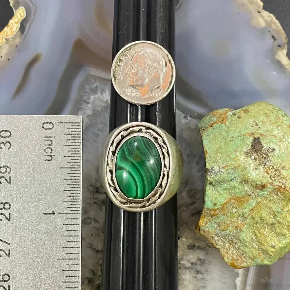 Vintage Native American Silver Oval Malachite Shield Ring Size 11 For Men - Picture 8 of 9
